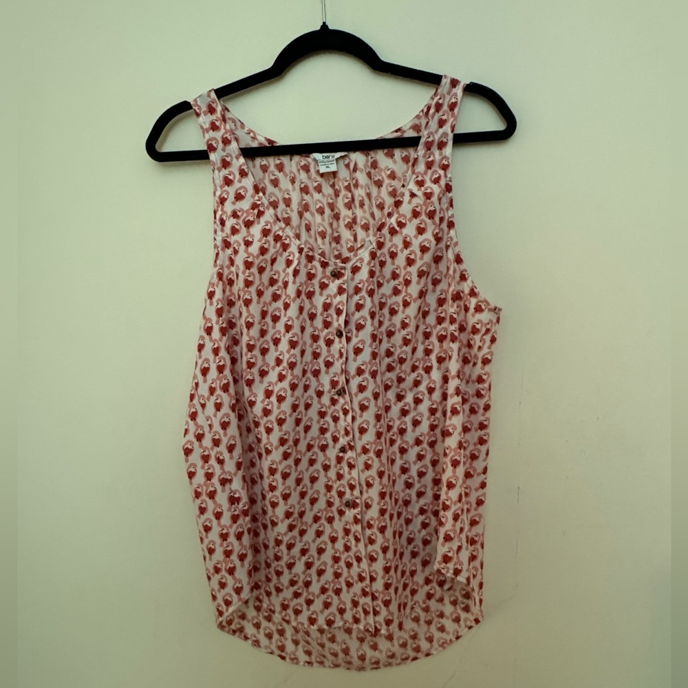 Bar III white button neck sleeveless top with red / pink birds - XL